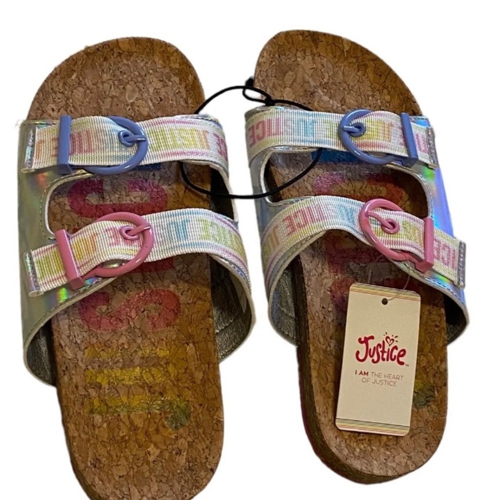 Girls Sandals Justice Size 4 Slip On Footbed Shoes NWT pink pastel adjustable